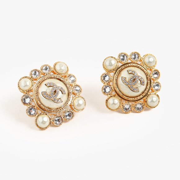 Chanel Gold-Tone Crystal and Pearl Rhinestones Squared Halo Stud Earrings - Picture 1 of 5